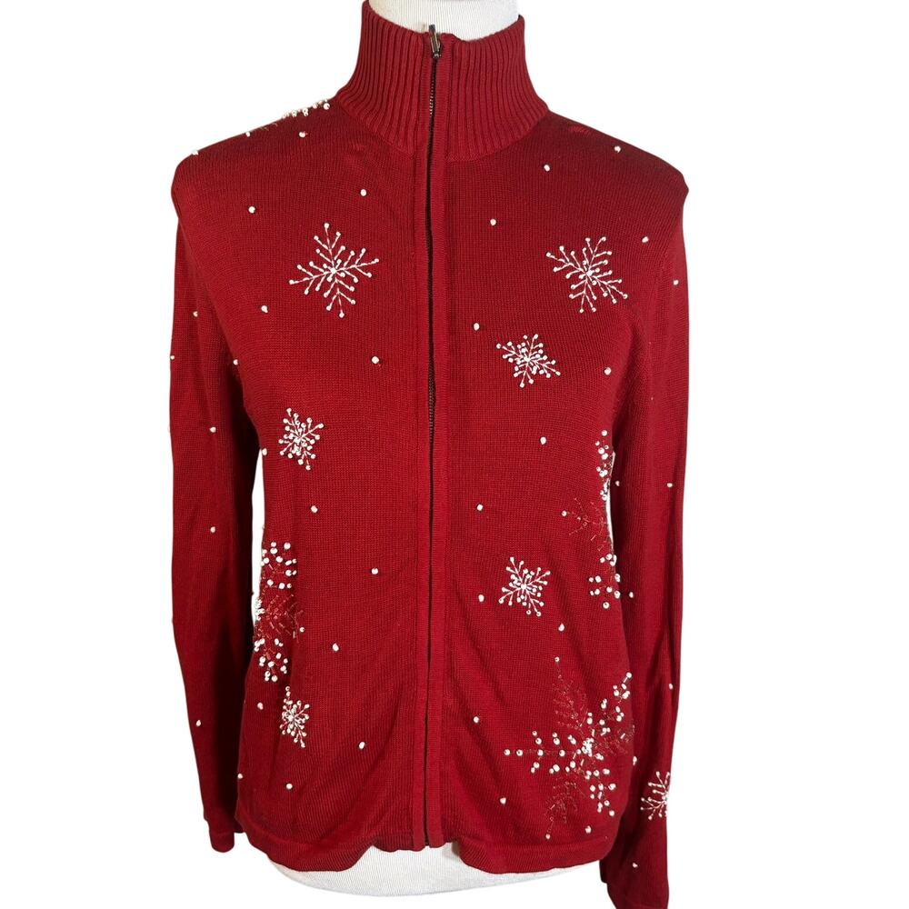 Vintage Norm Thompson Snowflake Zip Cardigan Turtleneck Christmas Sweater Sz S